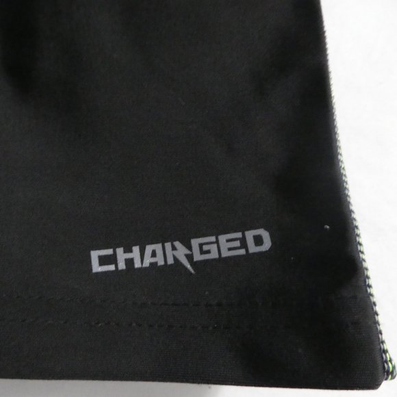 CHARGED small tight black stretchable shorts, fluorecent green stitched sides - Picture 5 of 9